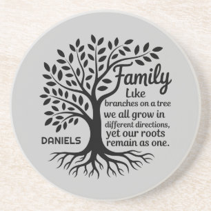 Family Tree Black & Gray Personalized Sandstone Coaster