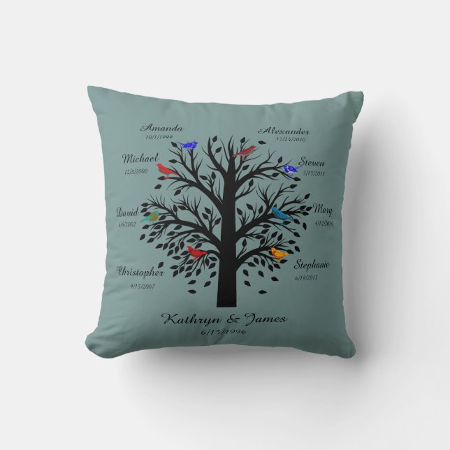 Family Tree, Black Tree on Blue, 8 Names & Dates Throw Pillow (Front)