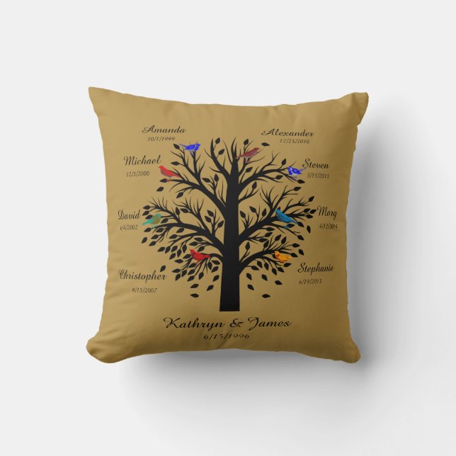 Family Tree, Black Tree on Gold, 8 Names & Dates Throw Pillow (Front)