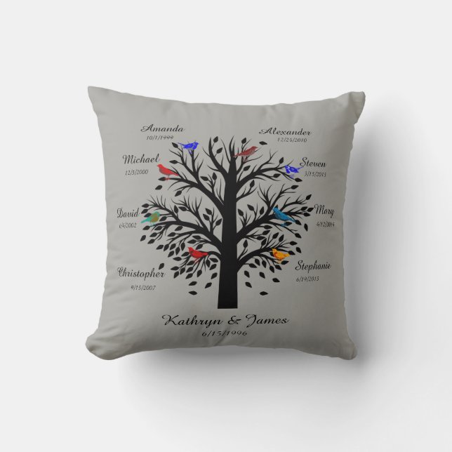 Family Tree, Black Tree on Gray, 8 Names & Dates Throw Pillow (Front)