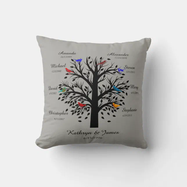 Family Tree, Black Tree on Gray, 8 Names & Dates Throw Pillow | Zazzle