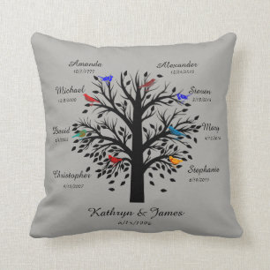 Family Tree, Black Tree on Gray, 8 Names & Dates Throw Pillow