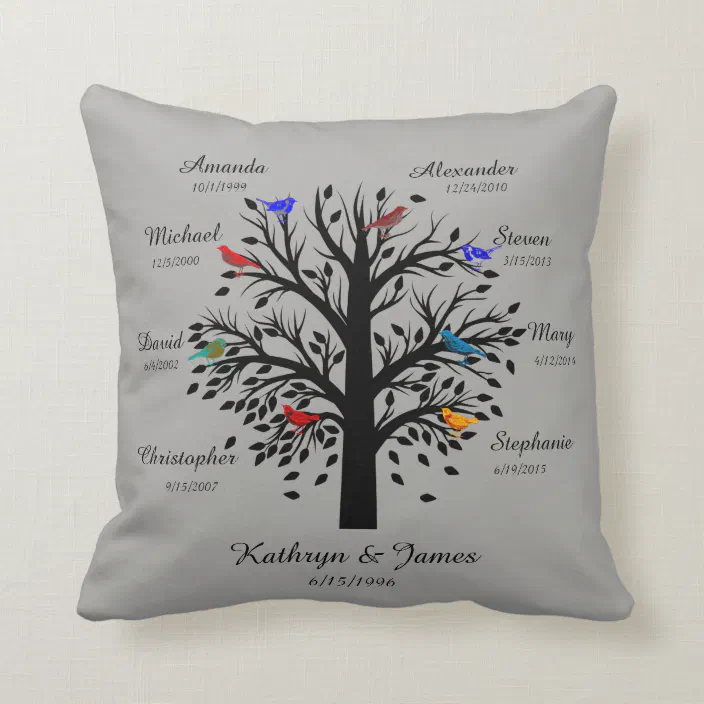 Download Family Tree Black Tree On Gray 8 Names Dates Throw Pillow Zazzle Com