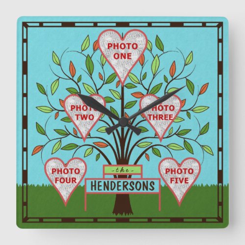 Family Tree Custom 5 Photo Collage Summer Leaves Square Wall Clock