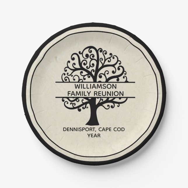 Family Tree Family Reunion Black Modern Drawing Paper Plates (Front)