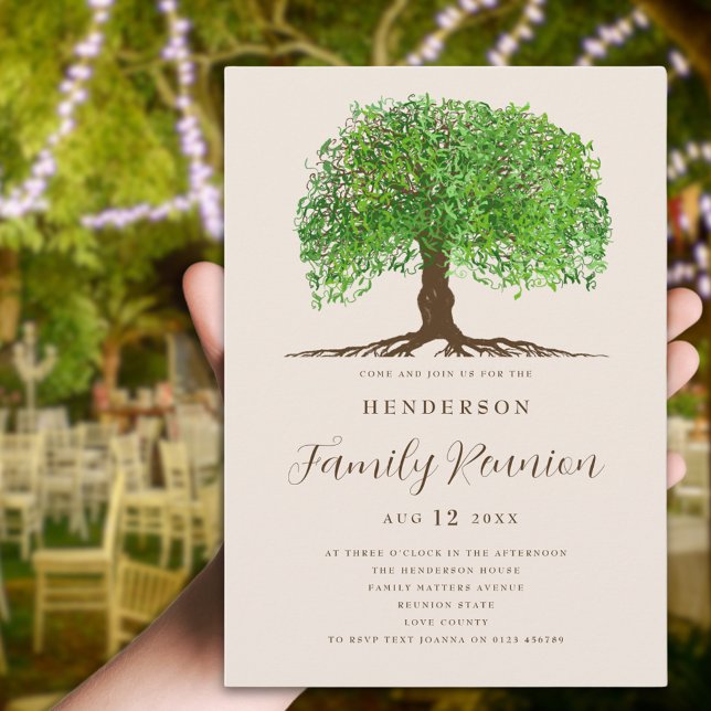 Family Tree Family Reunion  Invitation (Watercolor Tree with roots and leaves family reunion invitation modern elegant script )