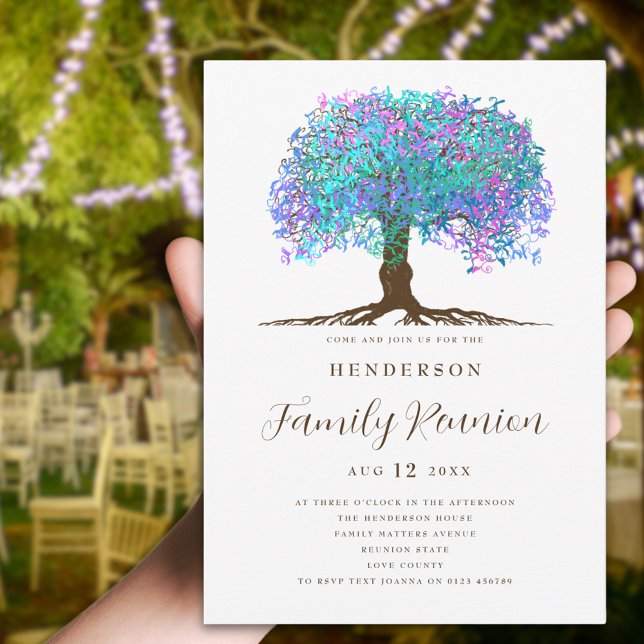 Family Tree Family Reunion  Invitation (Colorful watercolor tree family reunion party invitation with rainbow leaves and strong roots)