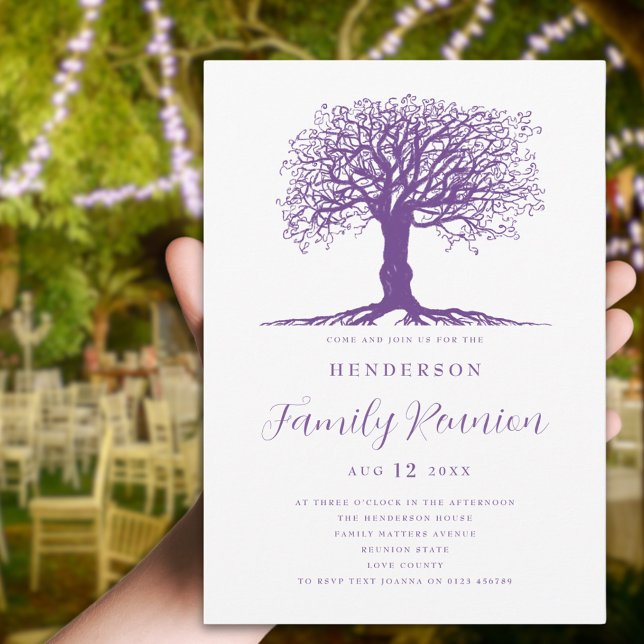 Family Tree Family Reunion Invitation (watercolor purple tree with roots modern script family reunion party invitation)