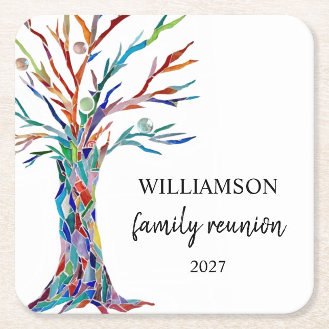 Family Tree Family Reunion Square Paper Coaster (Front)