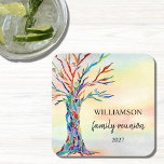 Family Tree Family Reunion Square Paper Coaster<br><div class="desc">These paper coasters are decorated with a mosaic family tree in the colors of the rainbow on a watercolor background. Easily customizable. Use the Design Tool to change the text size, style, or color. Because we create our artwork you won't find this exact image from other designers. Original Mosaic and...</div>