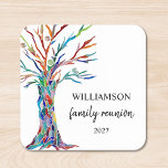 Family Tree Family Reunion Square Paper Coaster<br><div class="desc">These paper coasters are decorated with a mosaic family tree in the colors of the rainbow.
Easily customizable.
Use the Design Tool to change the text size,  style,  or color.
Because we create our artwork you won't find this exact image from other designers.
Original Mosaic © Michele Davies.</div>