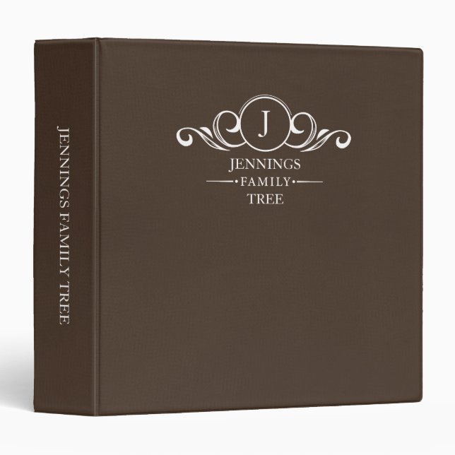 Family Tree Genealogy Brown White Monogram 3 Ring Binder (Front/Spine)