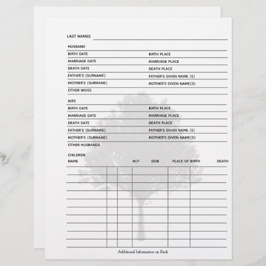 Family Tree Genealogy Group Sheet (Front/Back)