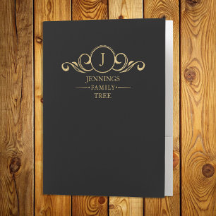 Family Tree Genealogy Vintage Black Gold Monogram Pocket Folder