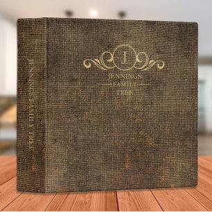 Family Tree Genealogy Vintage Brown Gold Monogram 3 Ring Binder