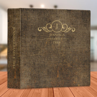 Family Tree Genealogy Vintage Brown Gold Monogram 3 Ring Binder