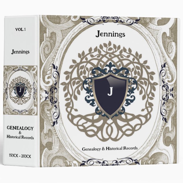 Family Tree Life Ancestry White Black Crest Book 3 Ring Binder (Front/Spine)