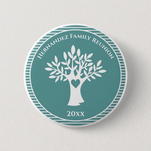 Family Tree Love Heart Family Reunion Blue Green Button (Front)