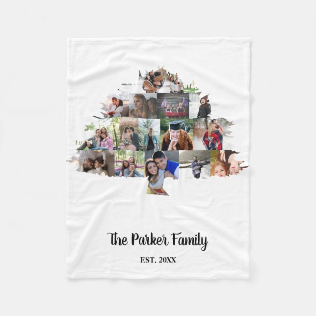 Family Tree Photo Collage 15 Pictures and Name Fleece Blanket (Front)