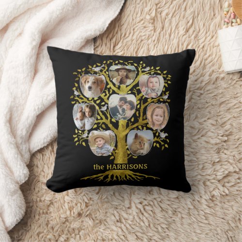 Family Tree Photo Collage 16 Pics Name Gold Black Throw Pillow