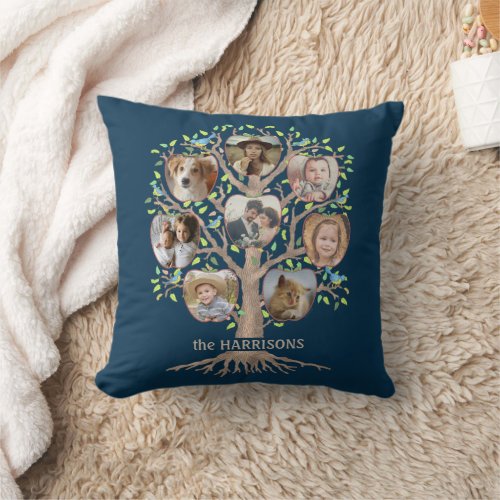 Family Tree Photo Collage 16 Picture Name Dk Blue Throw Pillow