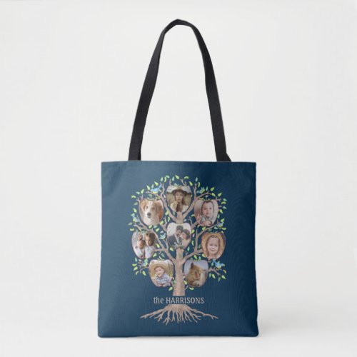 Family Tree Photo Collage 16 Picture Name Dk Blue Tote Bag