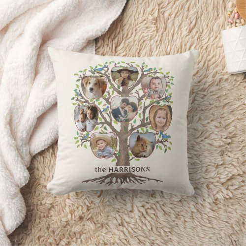 Family Tree Photo Collage 16 Picture Name Lt Beige Throw Pillow