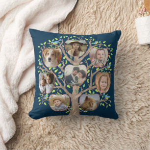 Family Tree Photo Collage 16 Pictures Dark Blue Throw Pillow