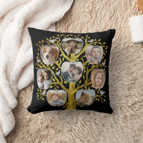 Family Tree Photo Collage 16 Pictures Gold Black Throw Pillow