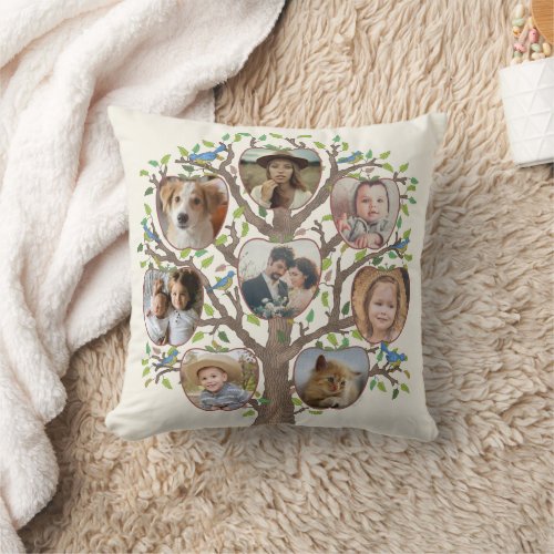 Family Tree Photo Collage 16 Pictures Light Beige Throw Pillow