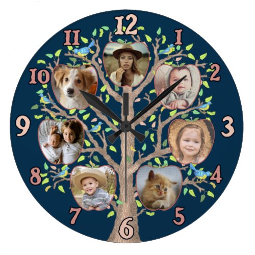 Family Tree Photo Collage 7 Custom Pics Dark Blue Large Clock