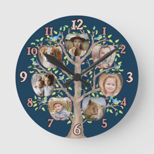 Family Tree Photo Collage 7 Custom Pics Dark Blue Round Clock