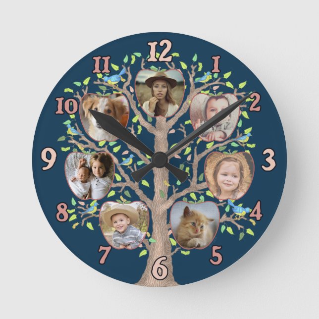Family Tree Photo Collage 7 Custom Pics Dark Blue Round Clock (Front)