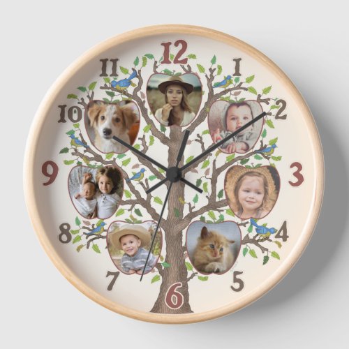 Family Tree Photo Collage 7 Custom Pictures Cream Clock
