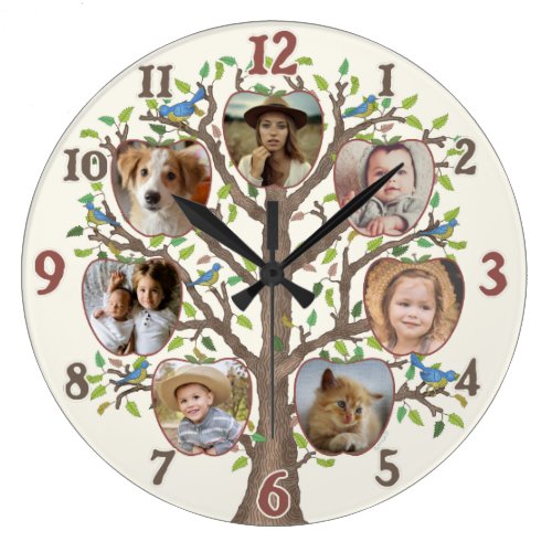 Family Tree Photo Collage 7 Custom Pictures Cream Large Clock
