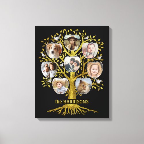 Family Tree Photo Collage 8 Pics Name Gold Black Canvas Print