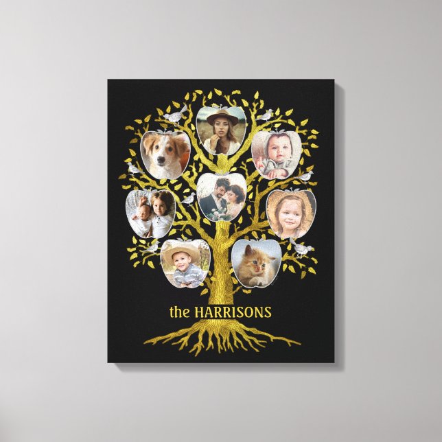 Family Tree Photo Collage 8 Pics Name Gold Black Canvas Print (Front)