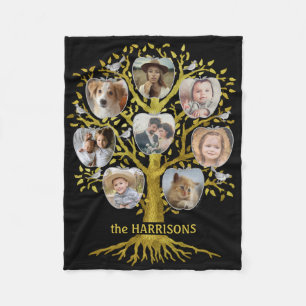 Family Tree Photo Collage 8 Pics Name Gold Black Fleece Blanket