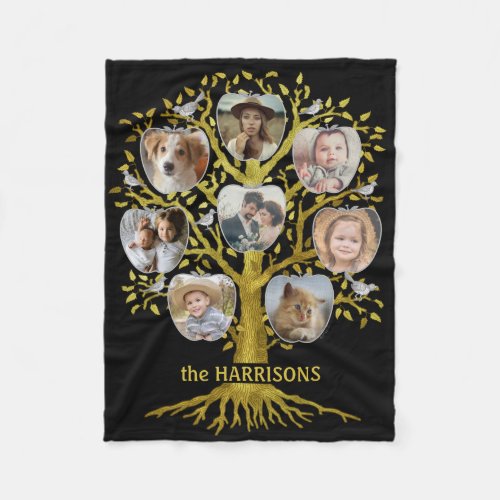 Family Tree Photo Collage 8 Pics Name  Gold Black Fleece Blanket