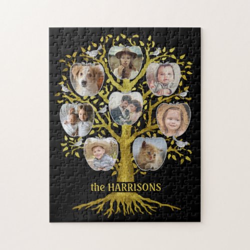 Family Tree Photo Collage 8 Pics Name Gold Black Jigsaw Puzzle