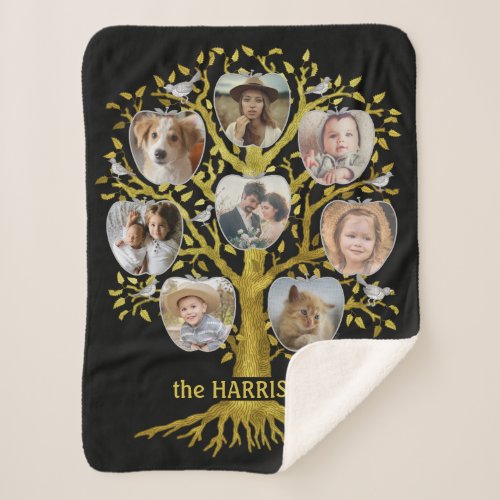 Family Tree Photo Collage 8 Pics Name  Gold Black Sherpa Blanket