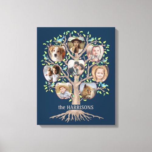 Family Tree Photo Collage 8 Pictures Name Dk Blue Canvas Print
