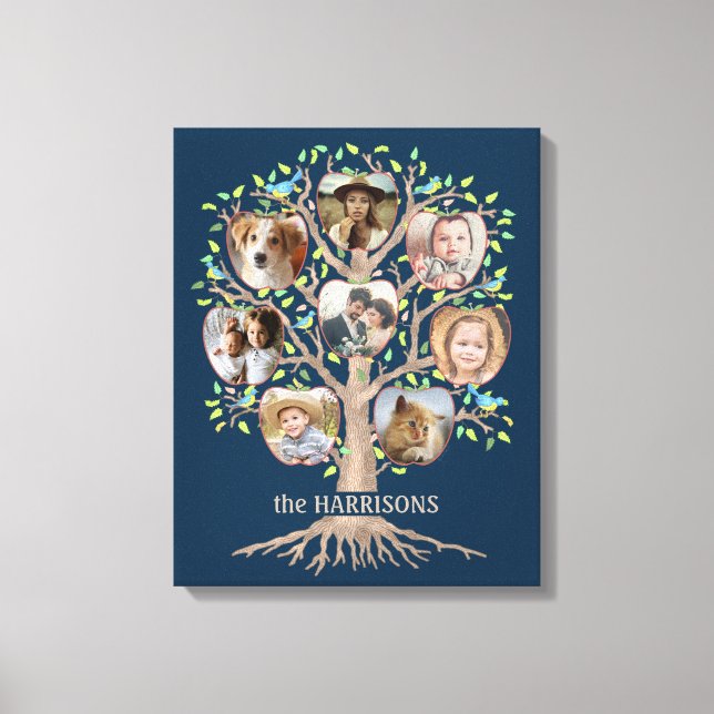 Family Tree Photo Collage 8 Pictures Name Dk Blue Canvas Print (Front)