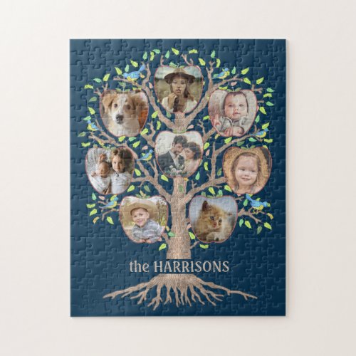 Family Tree Photo Collage 8 Pictures Name Dk Blue Jigsaw Puzzle