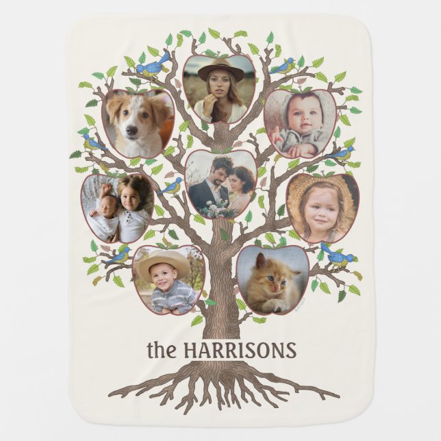 Family Tree Photo Collage 8 Pictures Name Lt Beige Baby Blanket (Front)