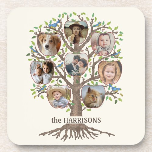 Family Tree Photo Collage 8 Pictures Name Lt Beige Beverage Coaster