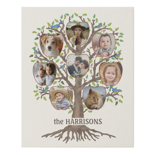 Family Tree Photo Collage 8 Pictures Name Lt Beige Faux Canvas Print (Front)