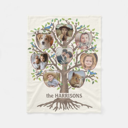 Family Tree Photo Collage 8 Pictures Name Lt Beige Fleece Blanket