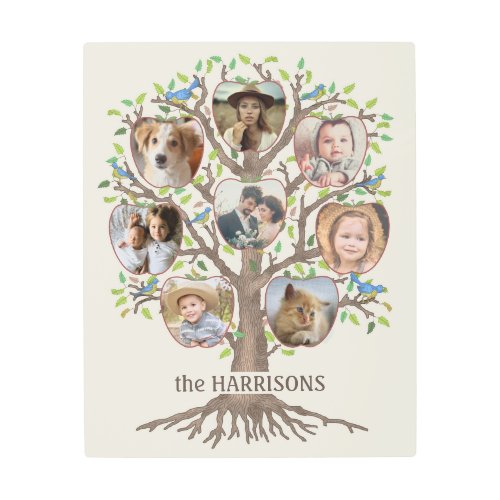 Family Tree Photo Collage 8 Pictures Name Lt Beige Metal Print