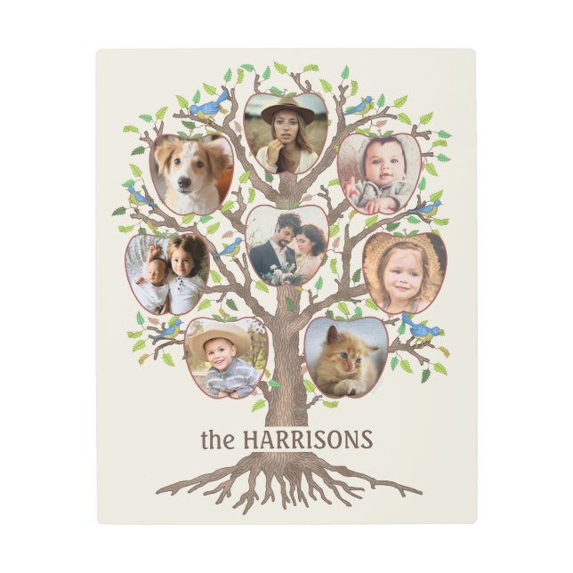 Family Tree Photo Collage 8 Pictures Name Lt Beige Metal Print (Front)